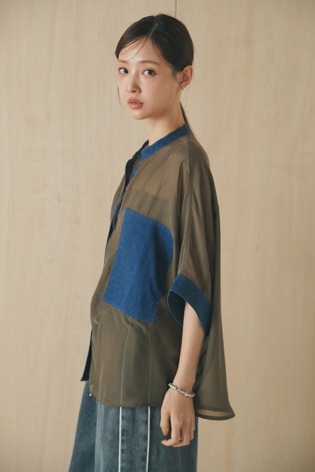 [SET]デニムライクビッグツーポケシアーシャツ+フロントボタンデニムサロペット(2set)