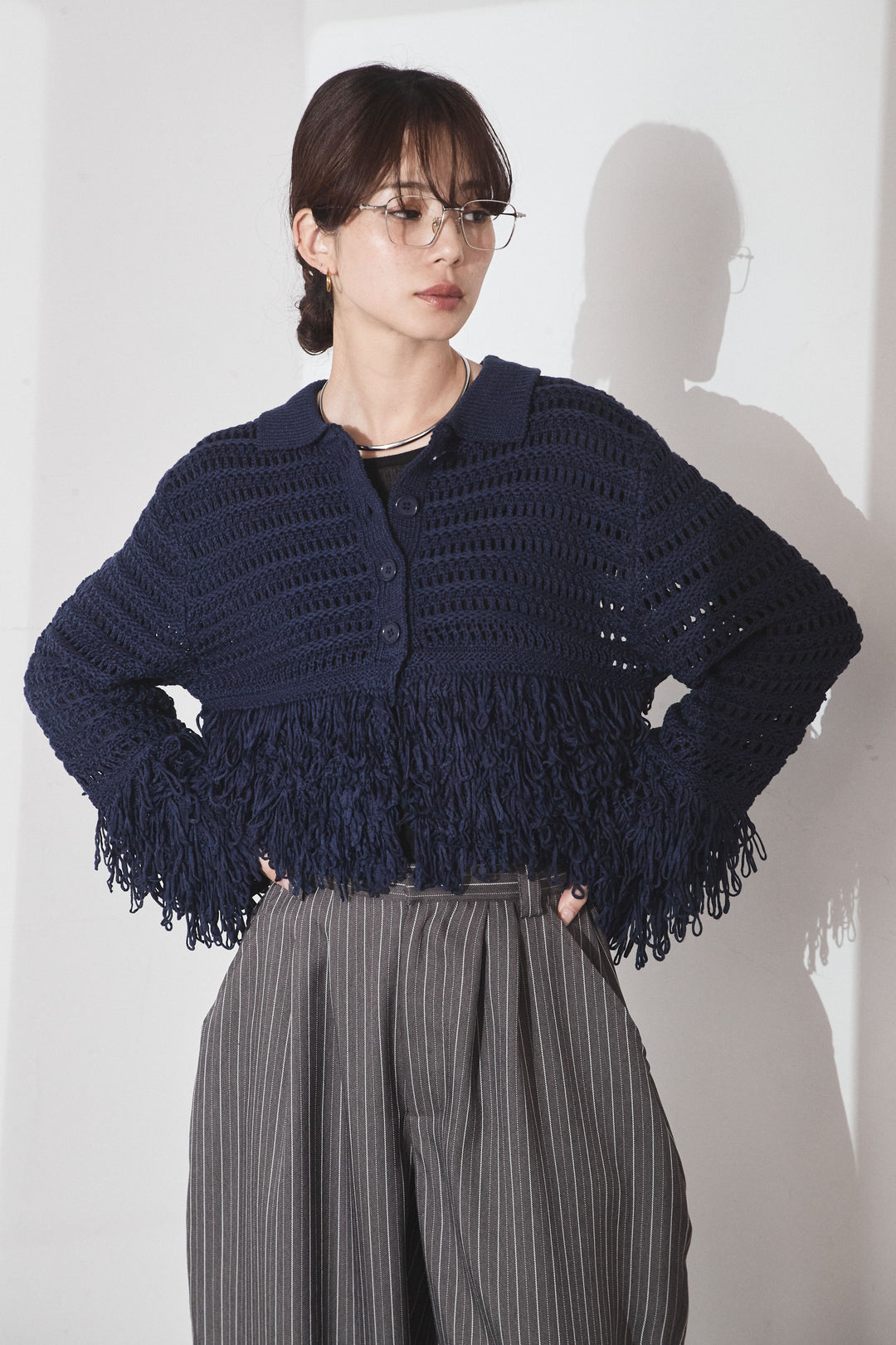 [SET]メッシュフリンジカーディガン+編みベルト付きウエストタックワイドパンツ(2set)
