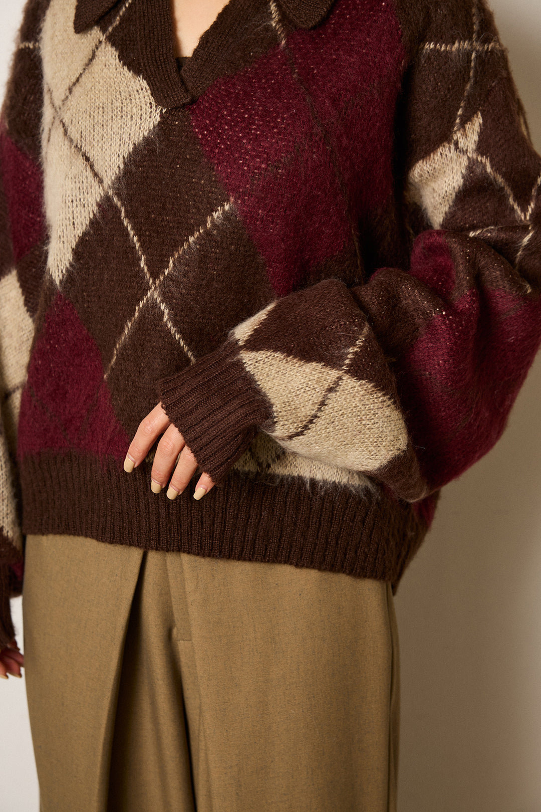 アクリルモヘアアーガイルキーネックプルオーバー