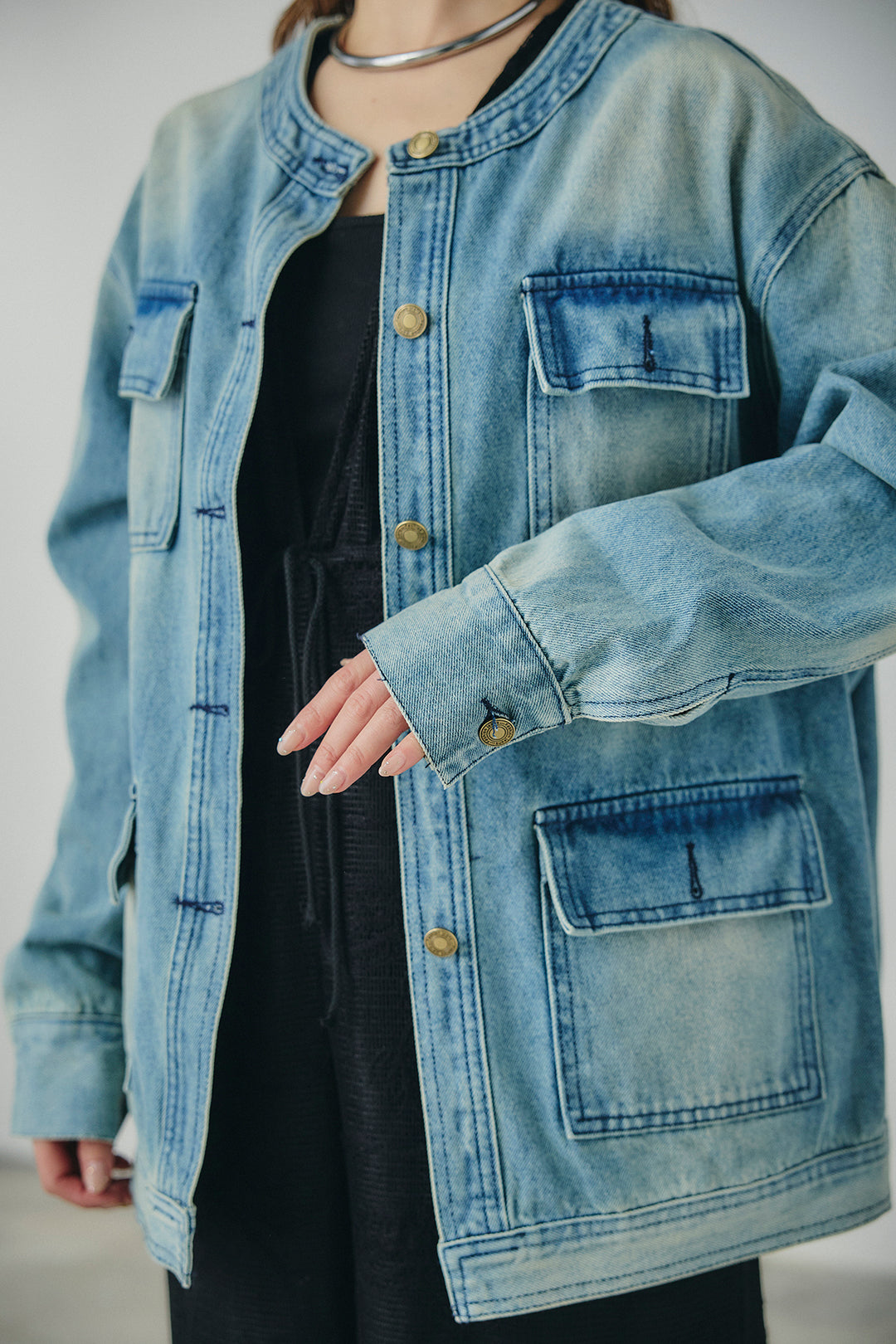 ノーカラーデニムポケットジャケット