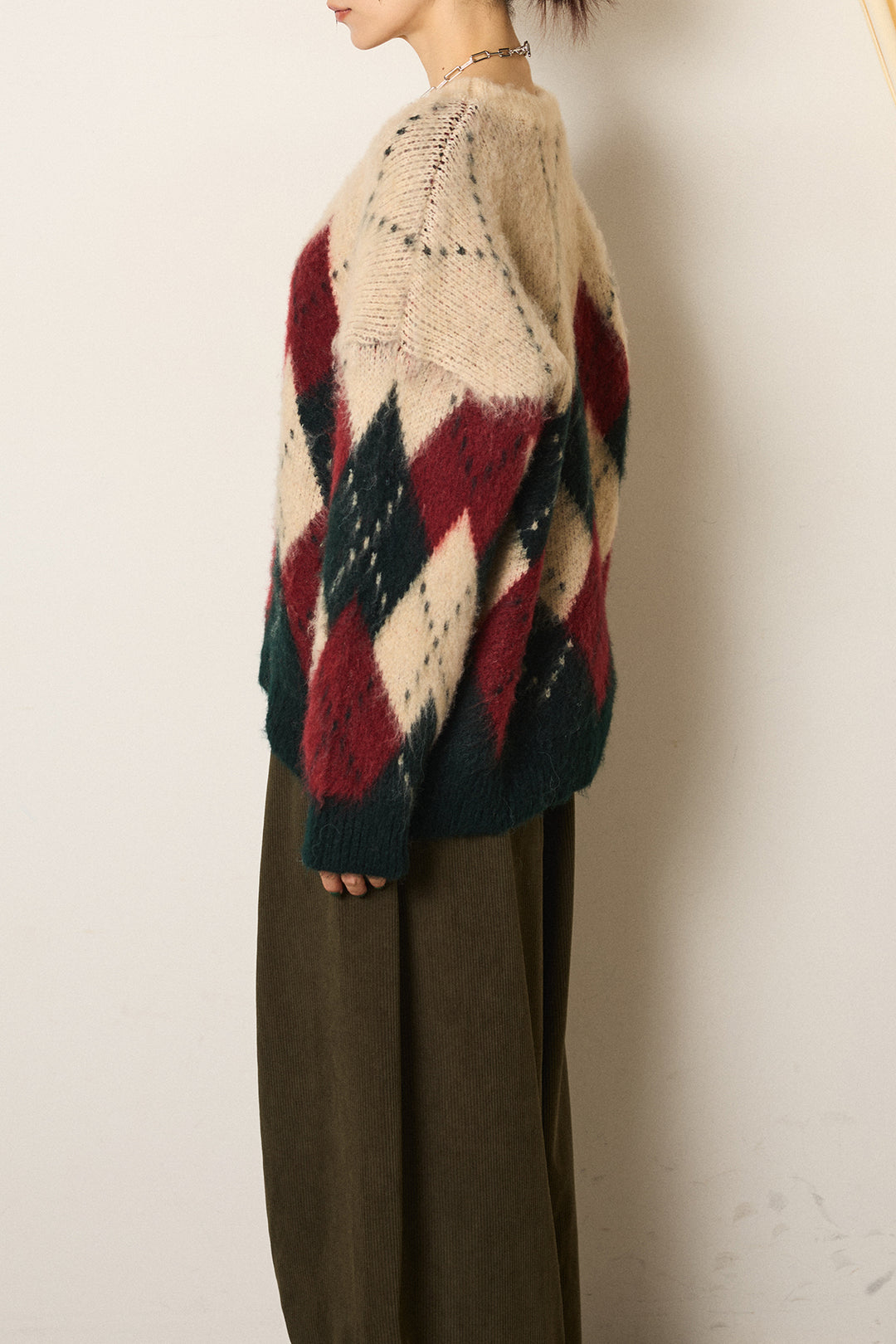 [SET]配色アーガイル柄ニットトップス+ベルト付きコーデュロイワイドパンツ(2set)