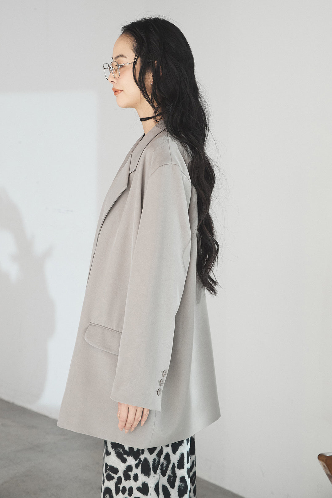 [SET]ルーズシルエットダブルテーラードジャケット+ストレッチロングTシャツ+レオパードサテンナロースカート(3set)