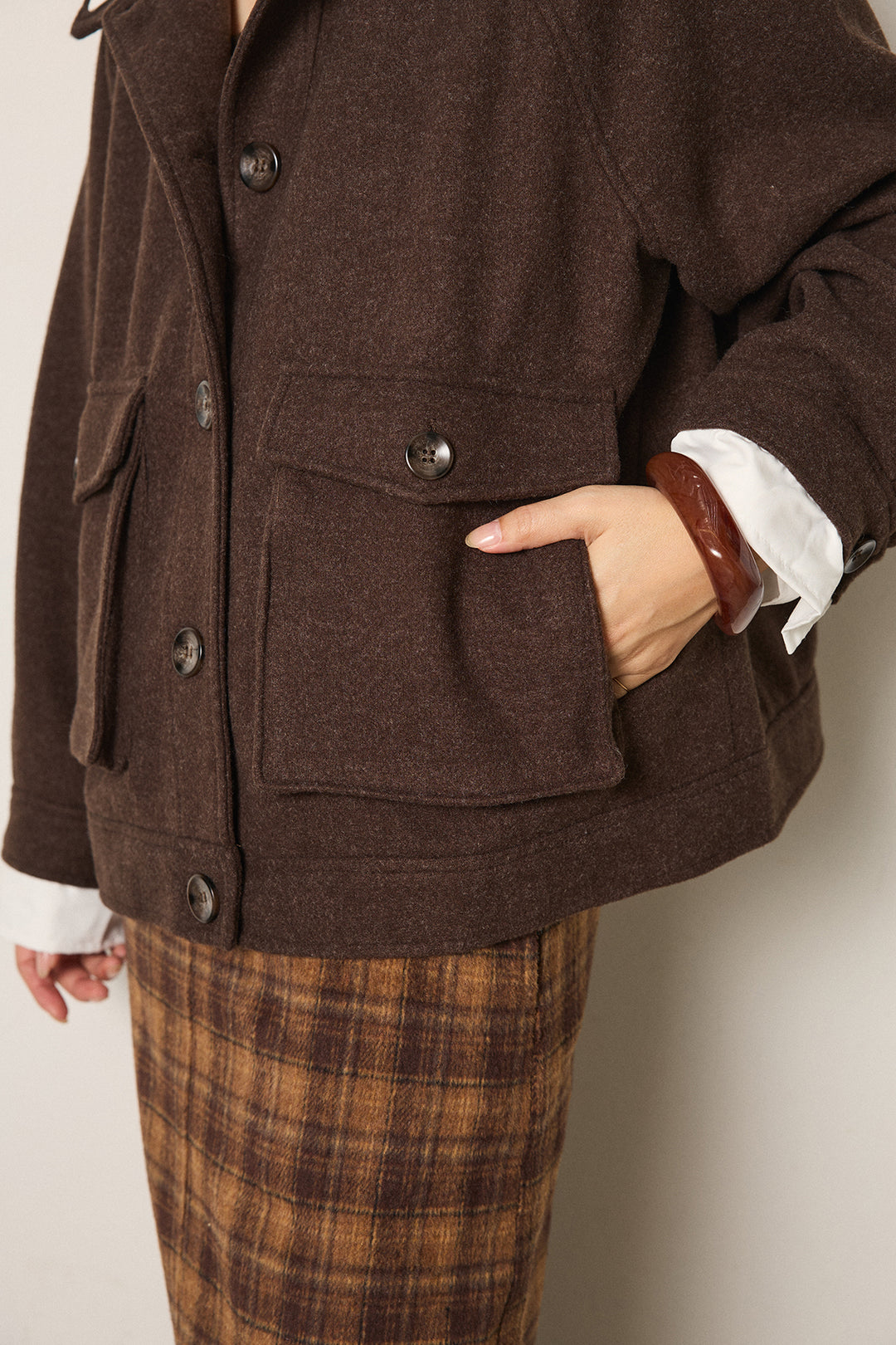 [SET]衿レイヤードフェイクウールジャケット+シャギーチェックストレートスカート(2set)