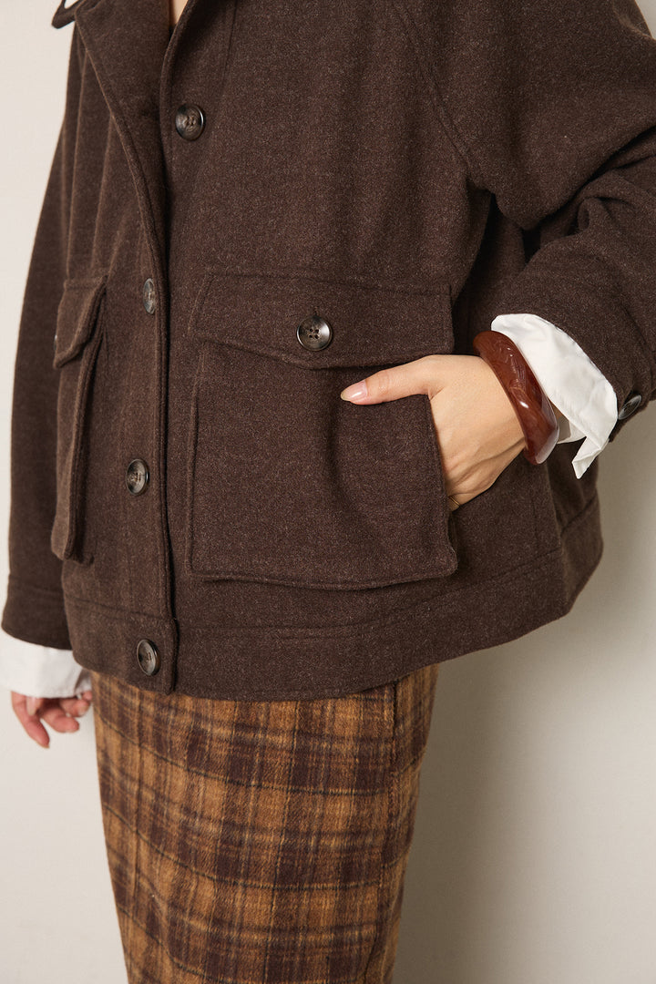 [SET]衿レイヤードフェイクウールジャケット+シャギーチェックストレートスカート(2set)