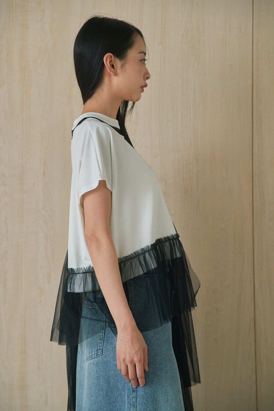 [SET]アシンメトリーチュールフリルTシャツ+ウエストデザインタックワイドパンツ(2set)
