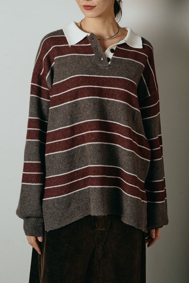 [SET]ラガーニットボーダーポロプルオーバー+ひげレース切替ロング丈スカート(2set)