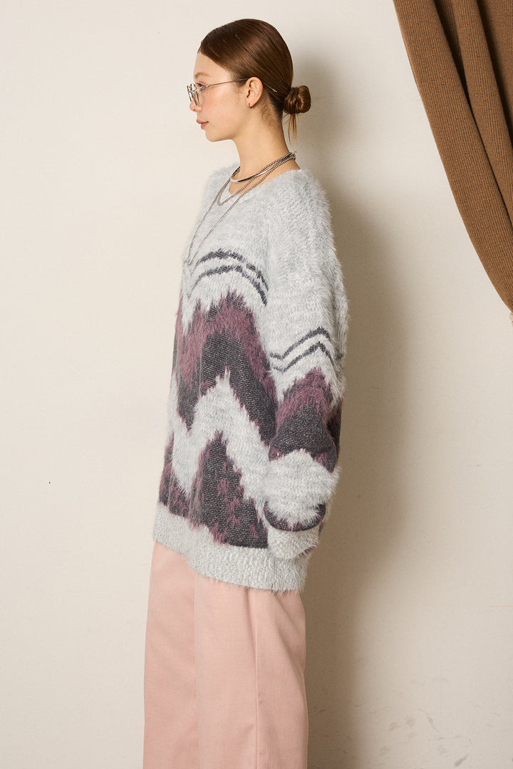 【即納】シャギーニュアンスライン柄ニットトップス