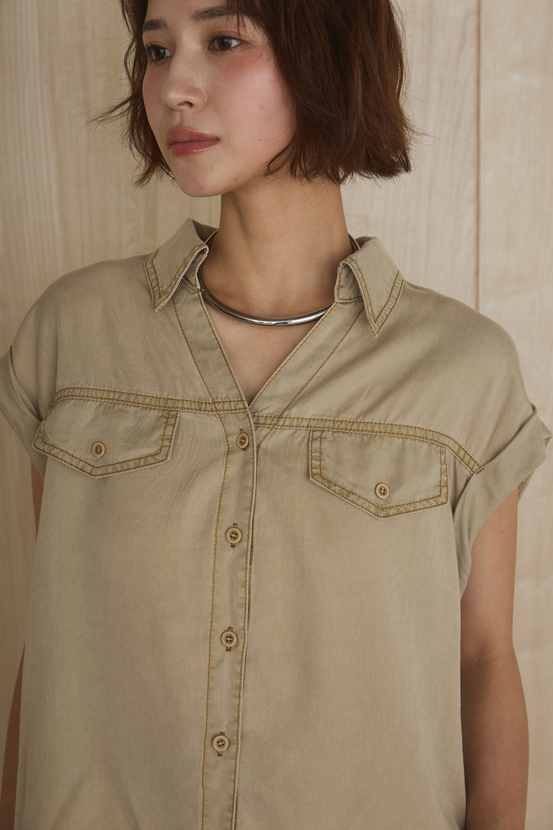 [SET]リヨセルデニムノースリシャツ+センタースリットデニムジャンスカ(2set)