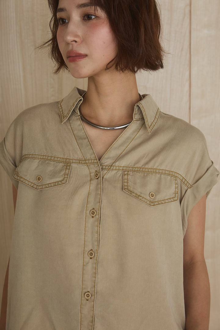 [SET]リヨセルデニムノースリシャツ+センタースリットデニムジャンスカ(2set)