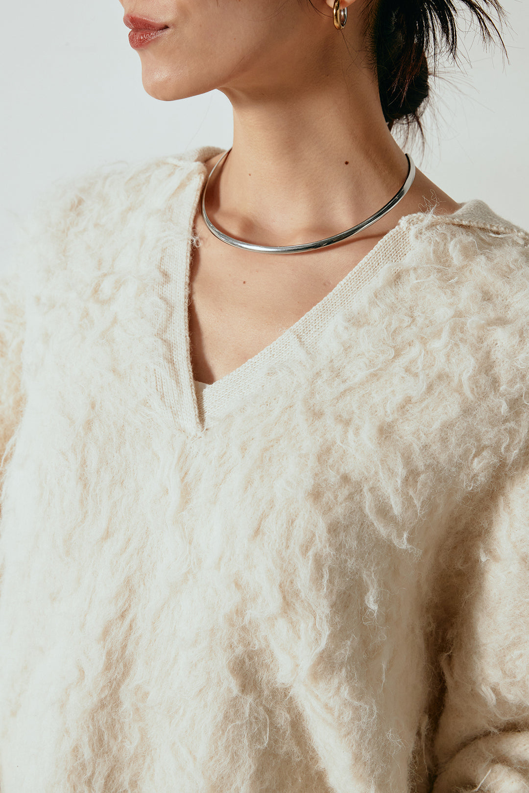 [SET]襟付きシャギーニットポロトップス+マルチライン柄リラックスニットパンツ(2set)