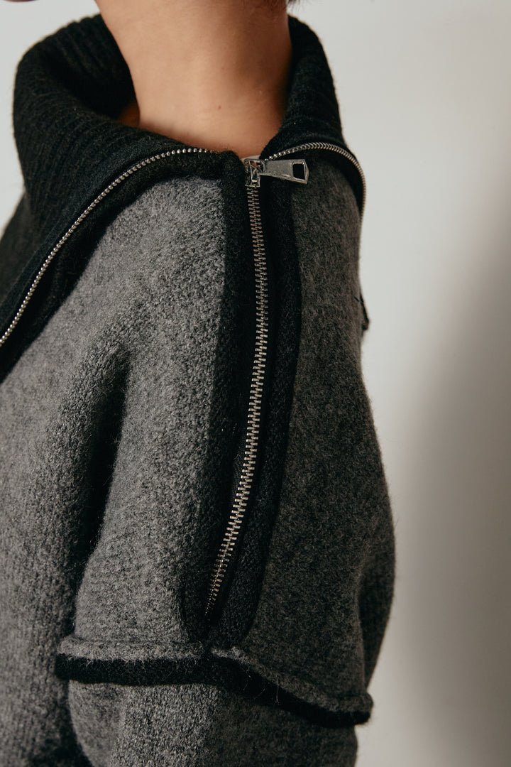 [SET]ハイネックジップデザインニットトップス+サイド切り替えリブニットロングスカート(2set)