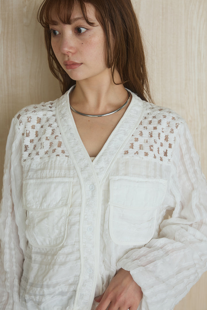 [SET]異素材切替シアーメッシュカーディガン+ドットボタン付きカットタイトスカート(2set)