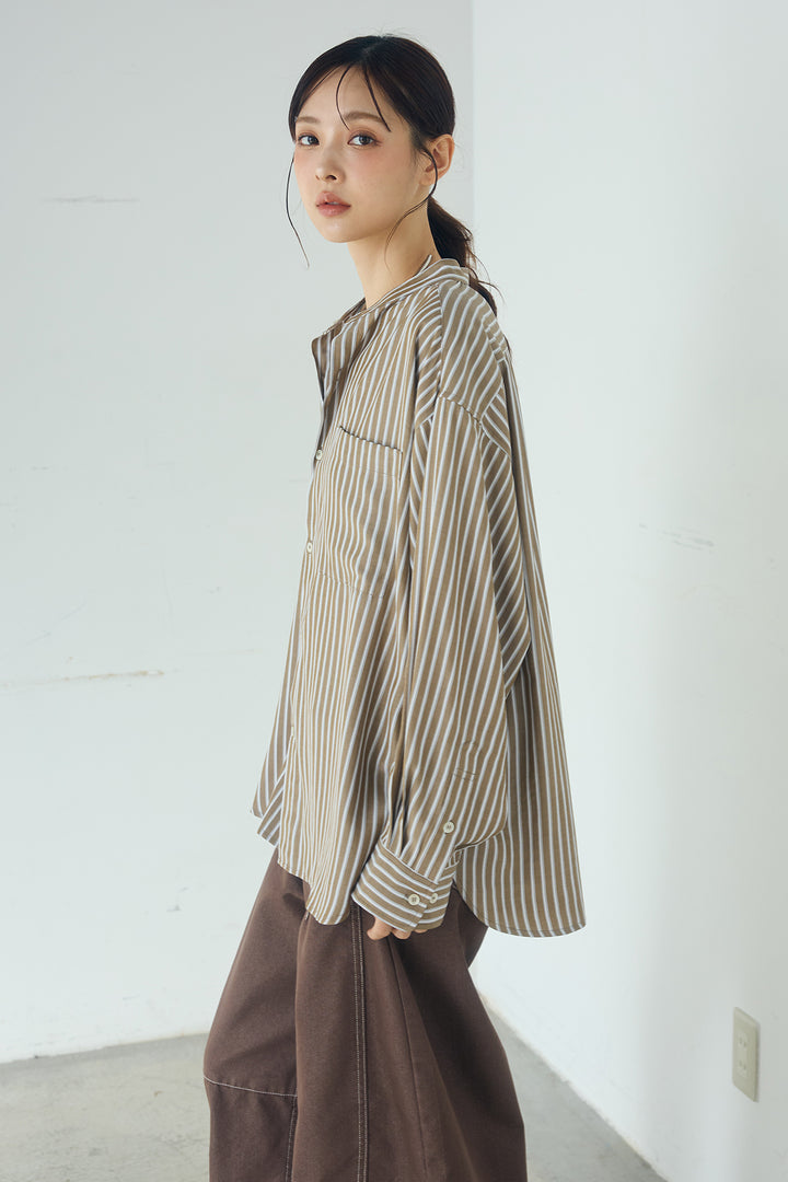 レーヨンストライプバンドカラー長袖シャツ