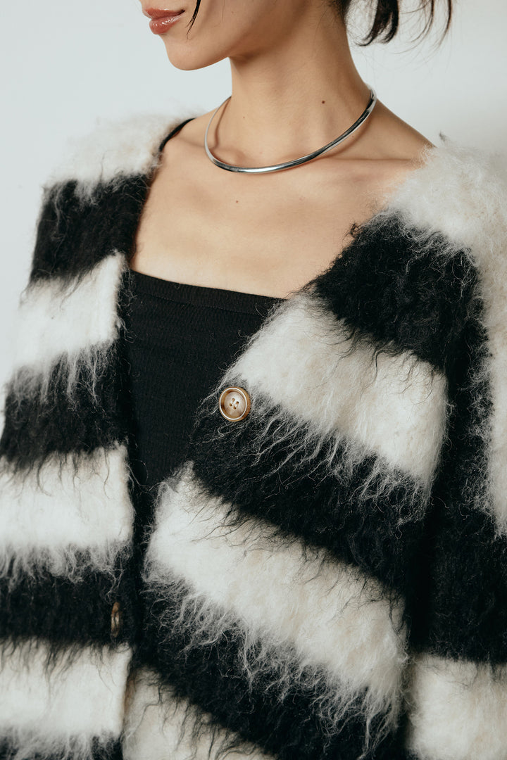 [SET]シャギーボーダー柄ニットカーディガン+ウール混フランネルワイドサロペット(2set)