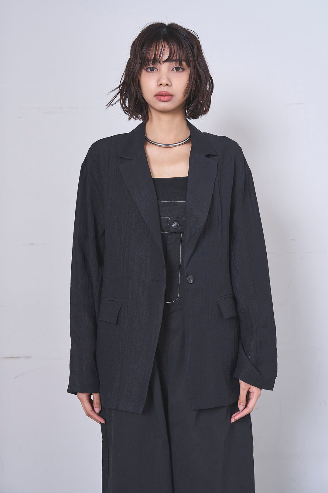 [SET]リネンブレンドテーラードシアージャケット+綿ツイルアシメサロペット(2set)