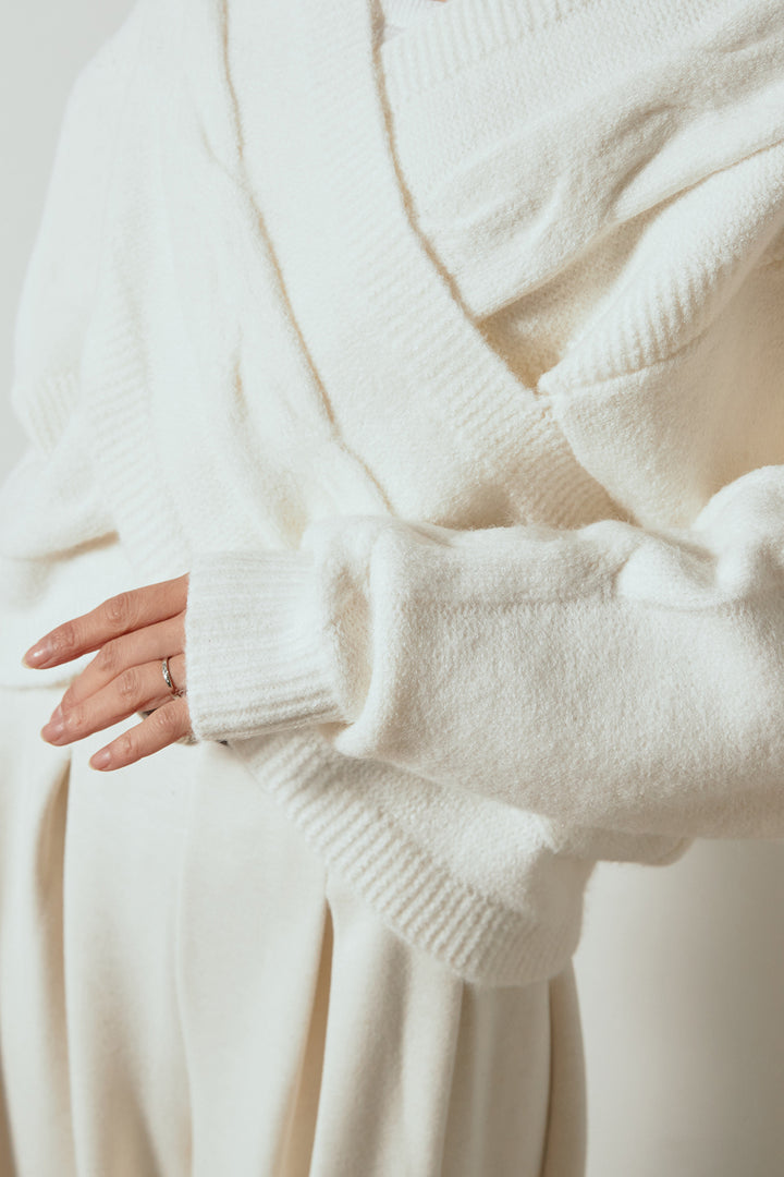 [SET]ケーブルカシュクールニットトップス+フェイクレザー太ベルト付きタックワイドパンツ(2set)