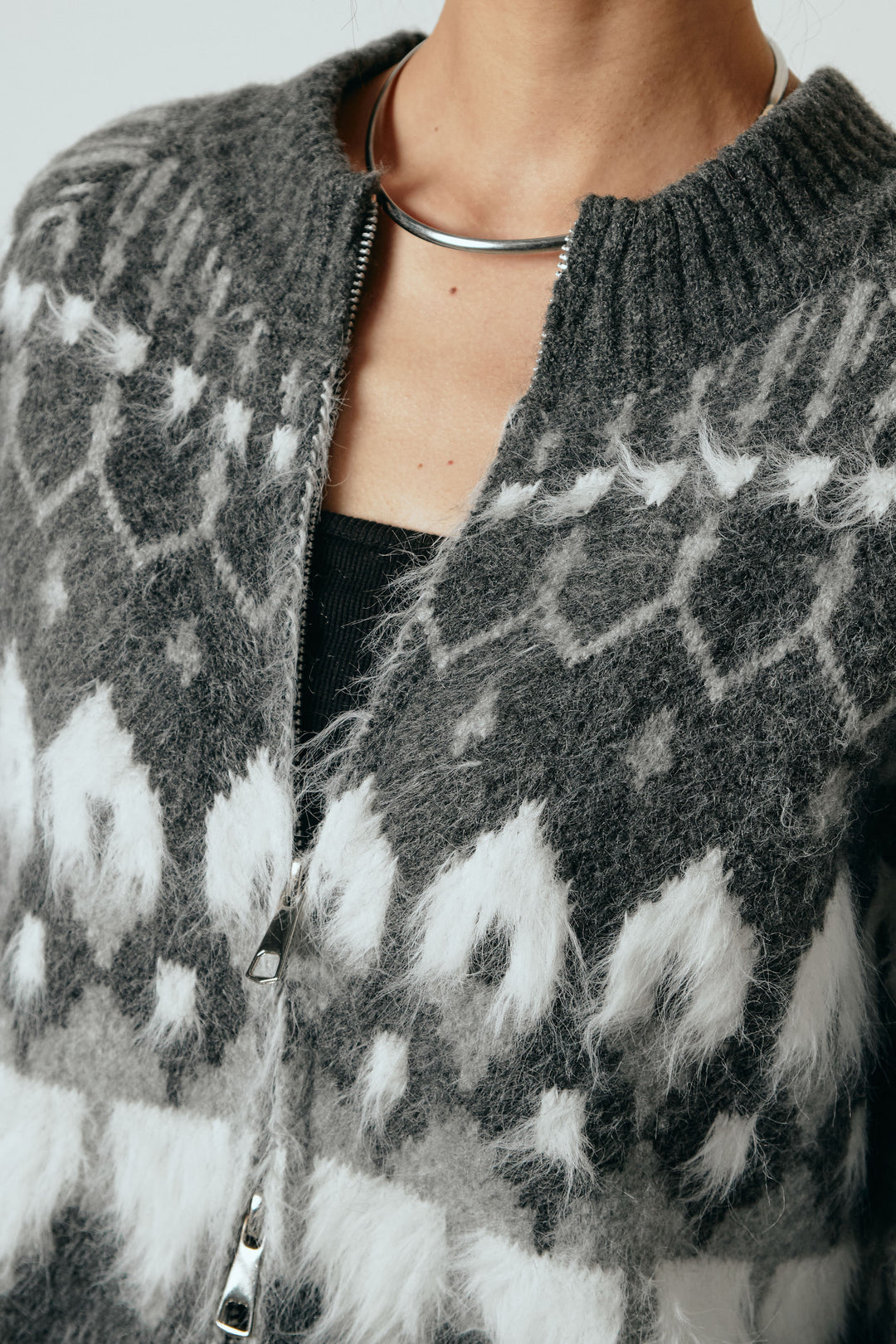 [SET]起毛ダブルジップパターンニットカーディガン+エコスウェードワイドスカート(2set)