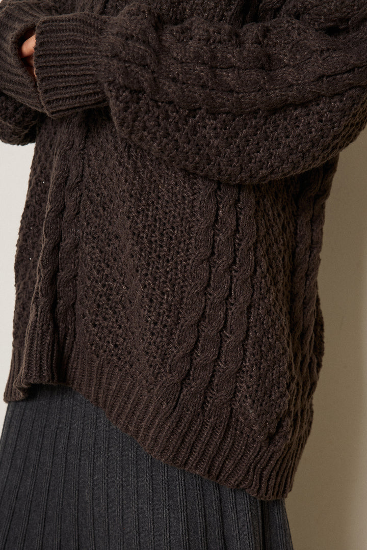 [SET]デニムカラーケーブルオーバーニット+編み地切り替えフレアニットスカート(2set)