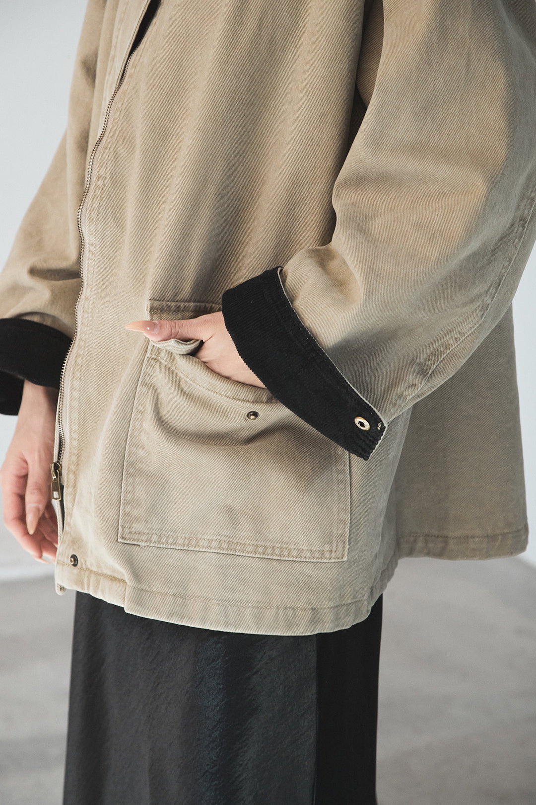 襟コーデュロイデザインデニム調カバーオール