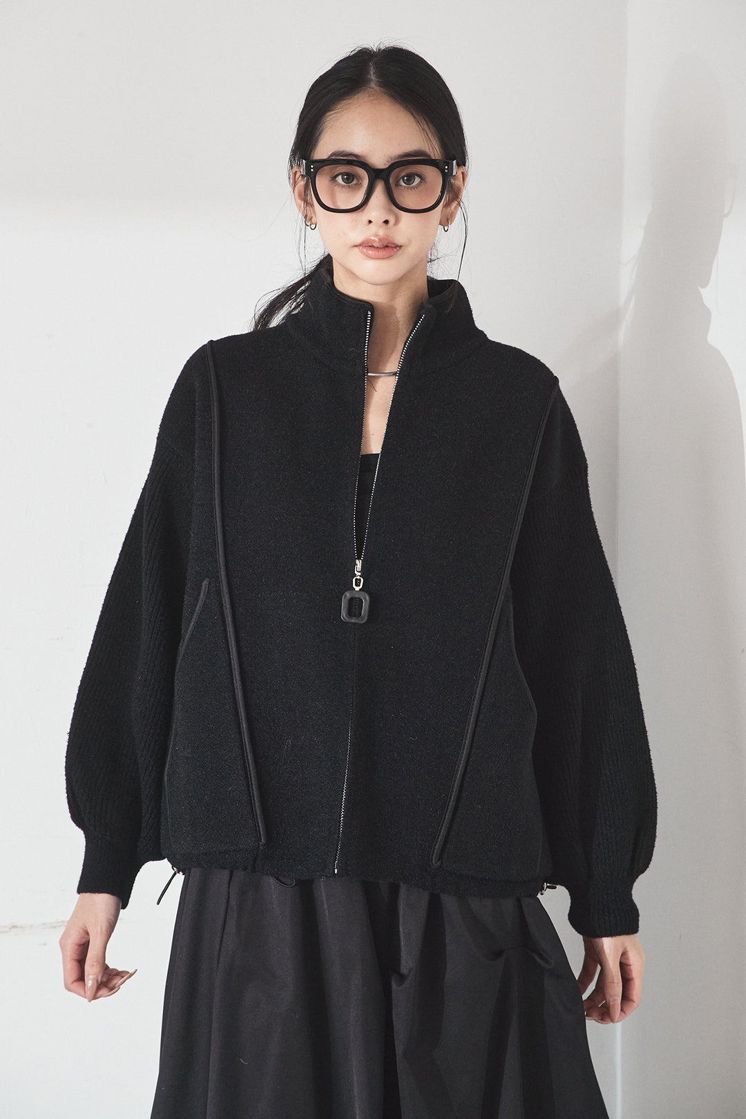 [SET]ハイネックパイピングデザインブルゾン+ランダムタックバルーンスカート(2set)