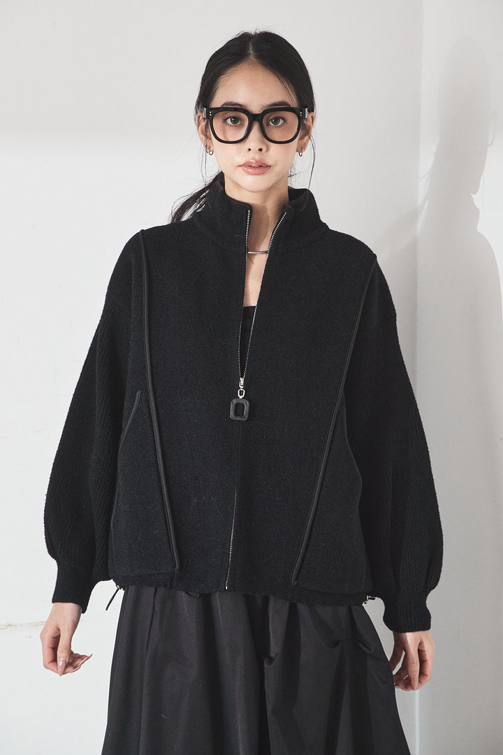 [SET]ハイネックパイピングデザインブルゾン+ランダムタックバルーンスカート(2set)