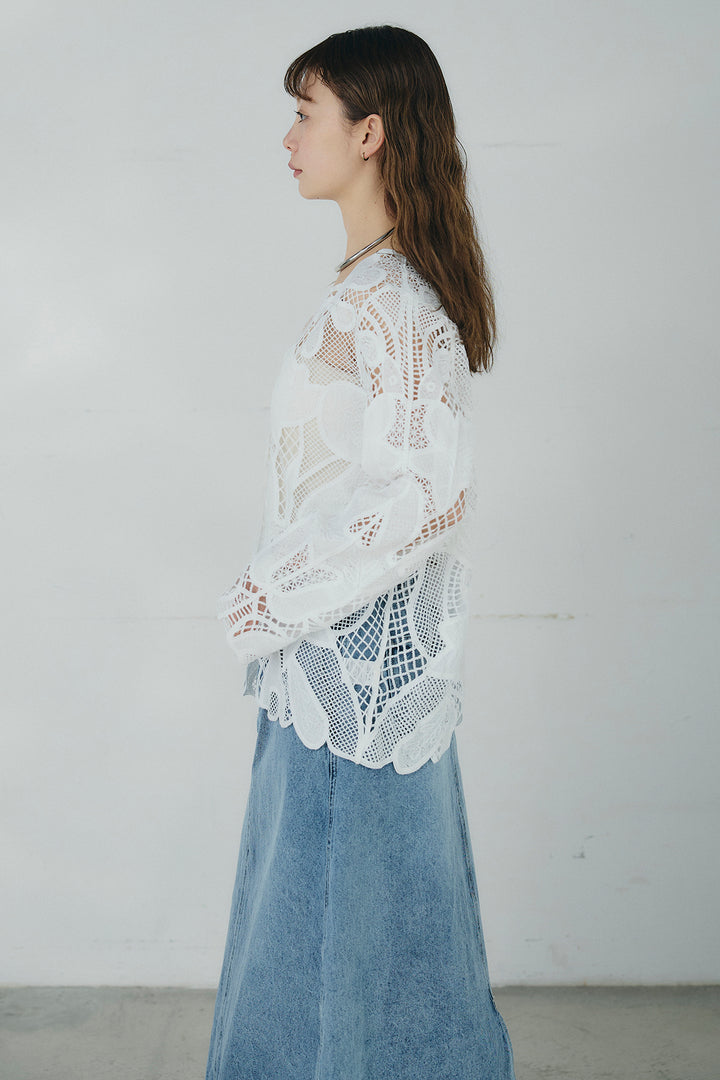 [SET]フラワー刺繍レースブラウス+サイドボタンツイードタックパンツ(2set)