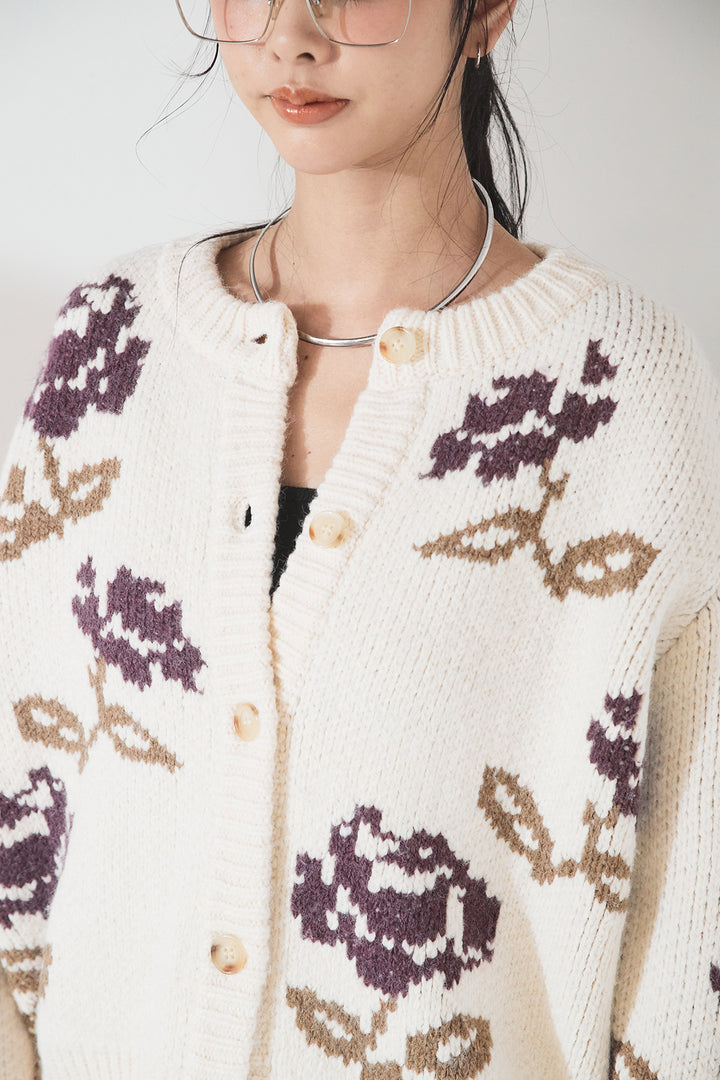 [SET]花柄ジャガードニットカーディガン+ウールタッチカーブワイドパンツ(2set)