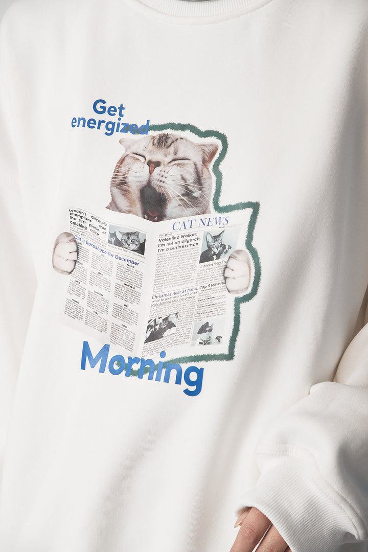 [SET]裏起毛モーニングキャットプリントスウェット+抽象柄ロングスカート(2set)