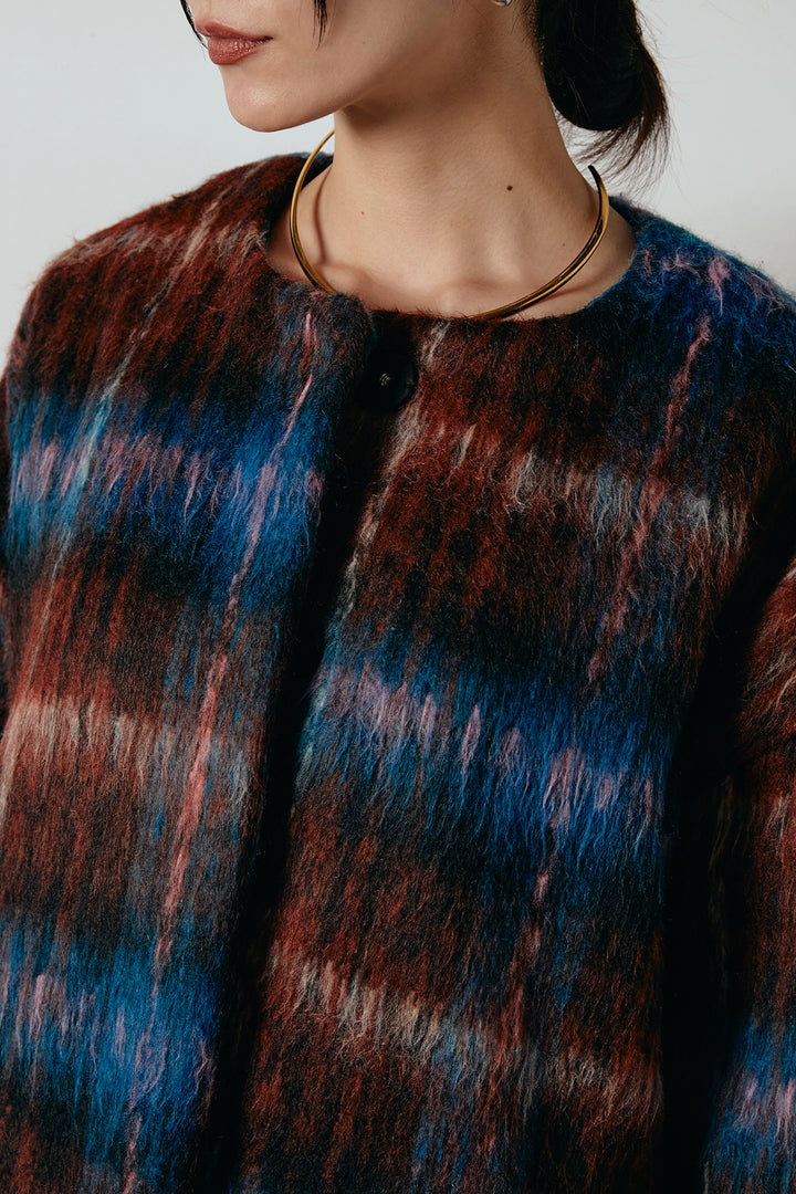 [SET]ノーカラーシャギーチェックアウター+裏起毛スウェットワイドパンツ(2set)