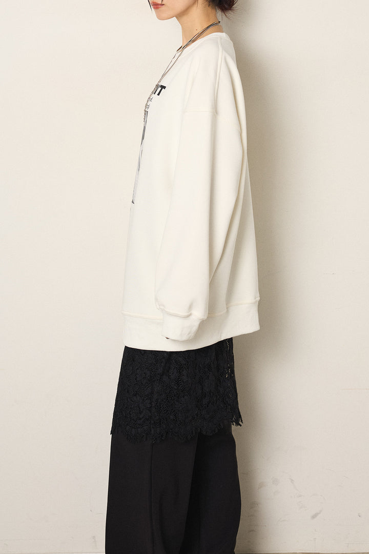 [SET]モノトーンプリントスウェット+レース刺繍レイヤードフレアパンツ(2set)