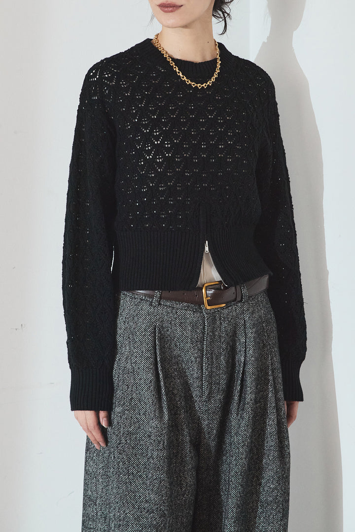 透かし編みニットジップスリットプルオーバー