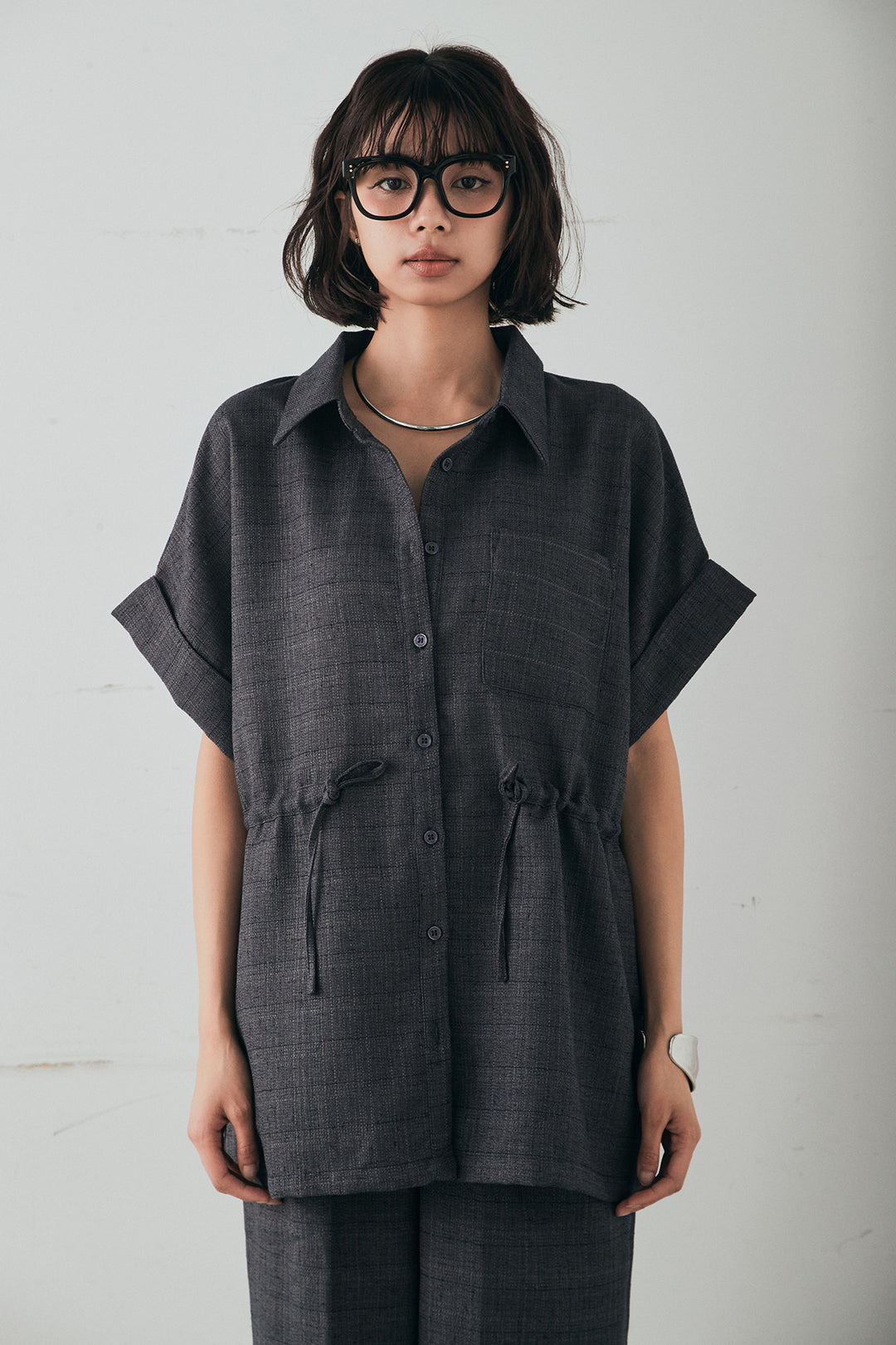 [SET]ツイードウエストドロストシャツ+ツイードタックパンツ(2set)