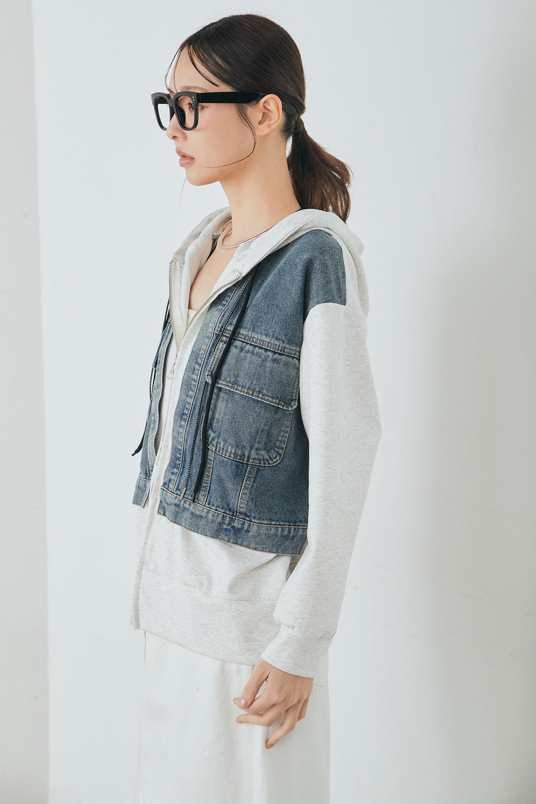 [SET]デニム切替ポンチダブルジップパーカー+ボリュームシルエットチュールスカート(2set)