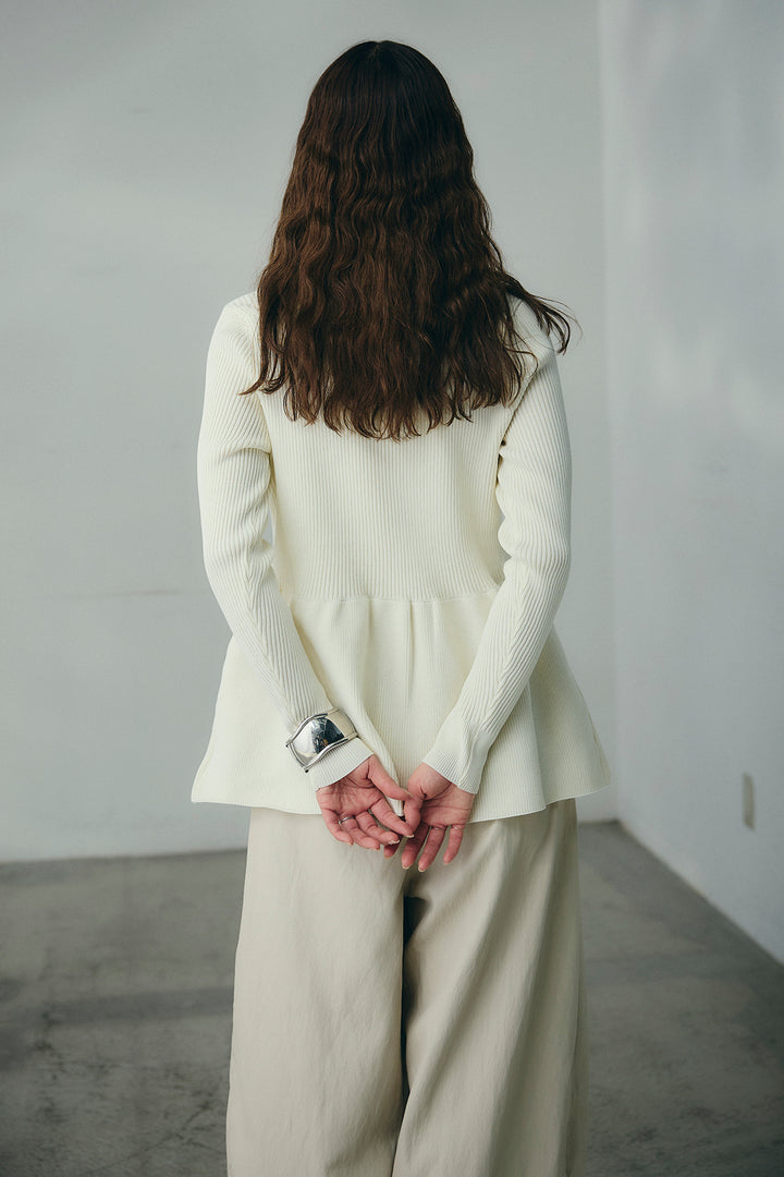 [SET]スキッパーペプラムニット+デニムライクヘリンボーンタックパンツ(2set)