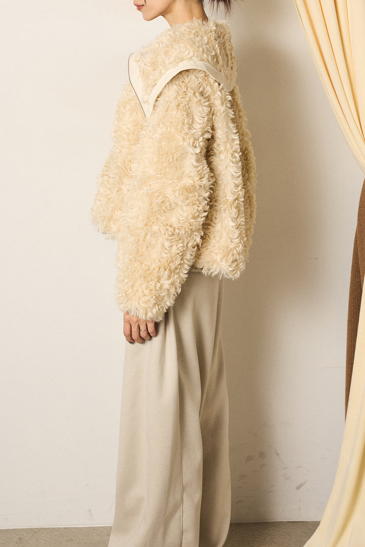 [SET]ビッグカラープードルボアアウター+編みベルト付きワイドパンツ(2set)