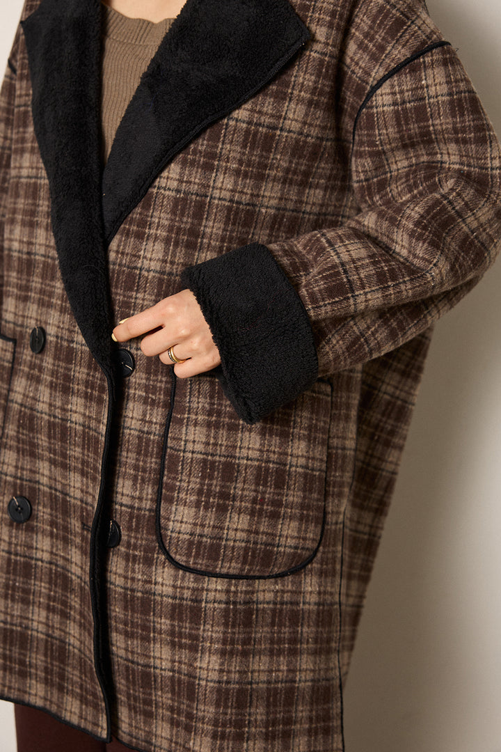 裏地ボアタータンチェック柄ミディアムコート
