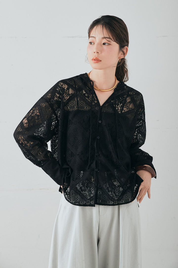 [SET]ブロックレースフード付きブラウス+リラックスブロックレースワイドパンツ(2set)