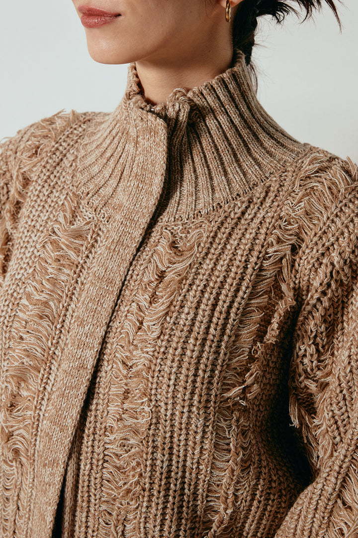 ハイネックフリンジジップニットトップス