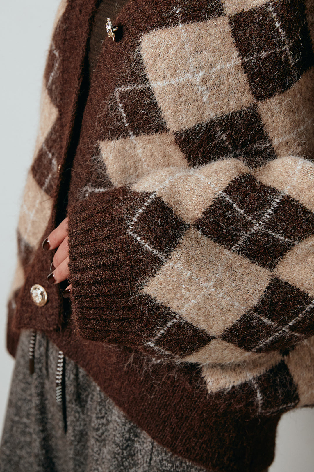 [SET]オーバーサイズ総柄Vネックニットカーディガン+杢ニットフレアパンツ(2set)