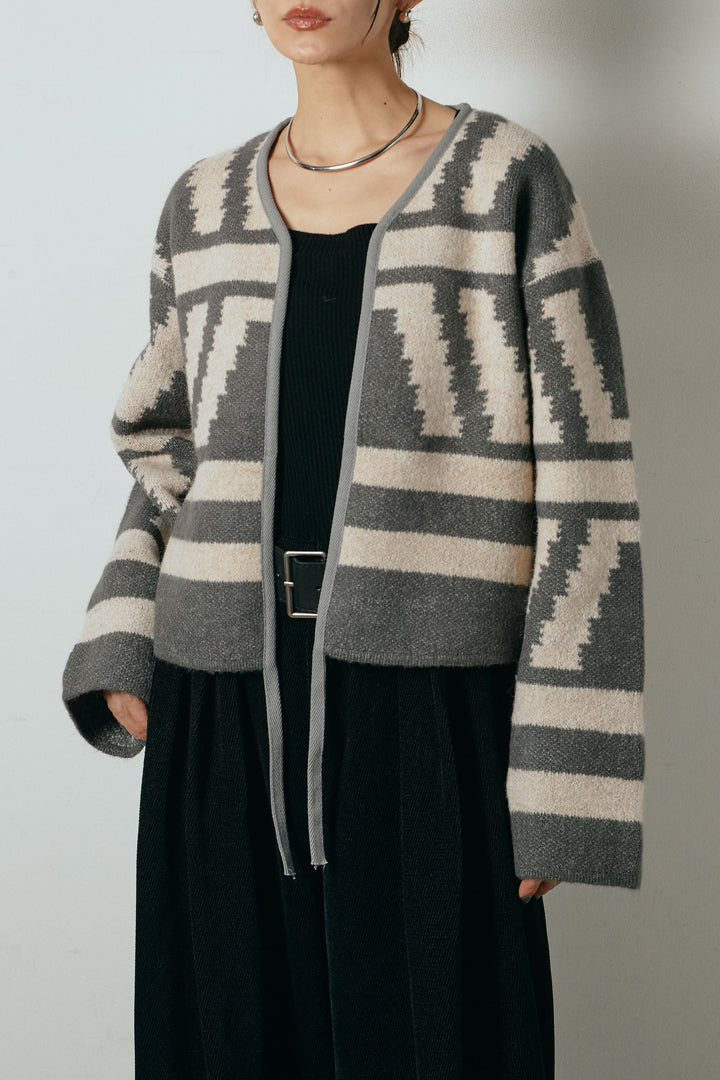 [SET]ノーカラー幾何学模様アウター+ウール混フランネルワイドサロペット(2set)