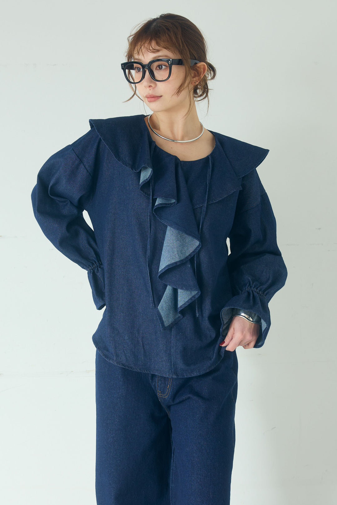 [SET]デニムフリルブラウス+デニムサロペットワイドパンツ(2set)