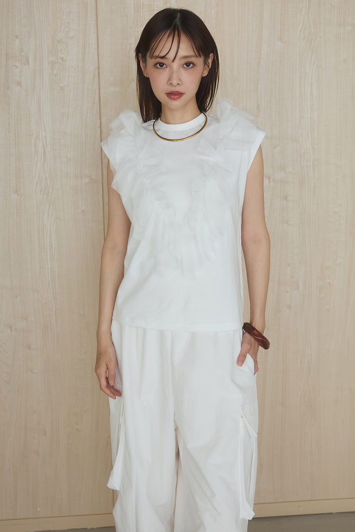 [SET]チュールフリルフレンチTシャツ+ルーズカーゴワイドパンツ(2set)