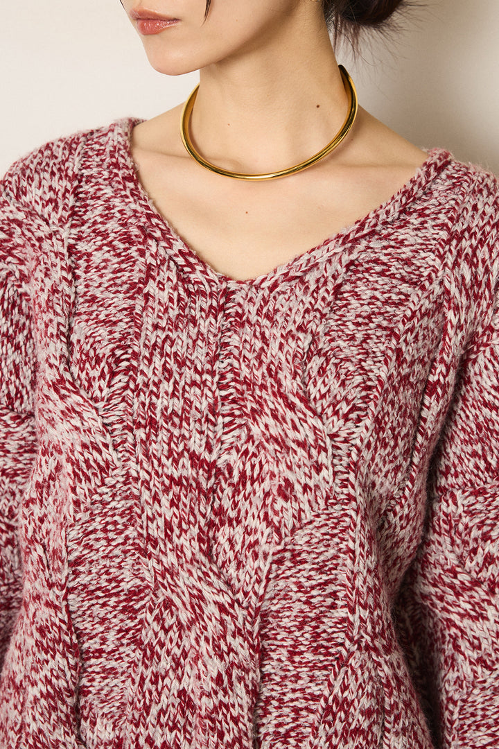 [SET]Vネックミックス編みニットトップス+ポーチベルト付きカーブパンツ(2set)