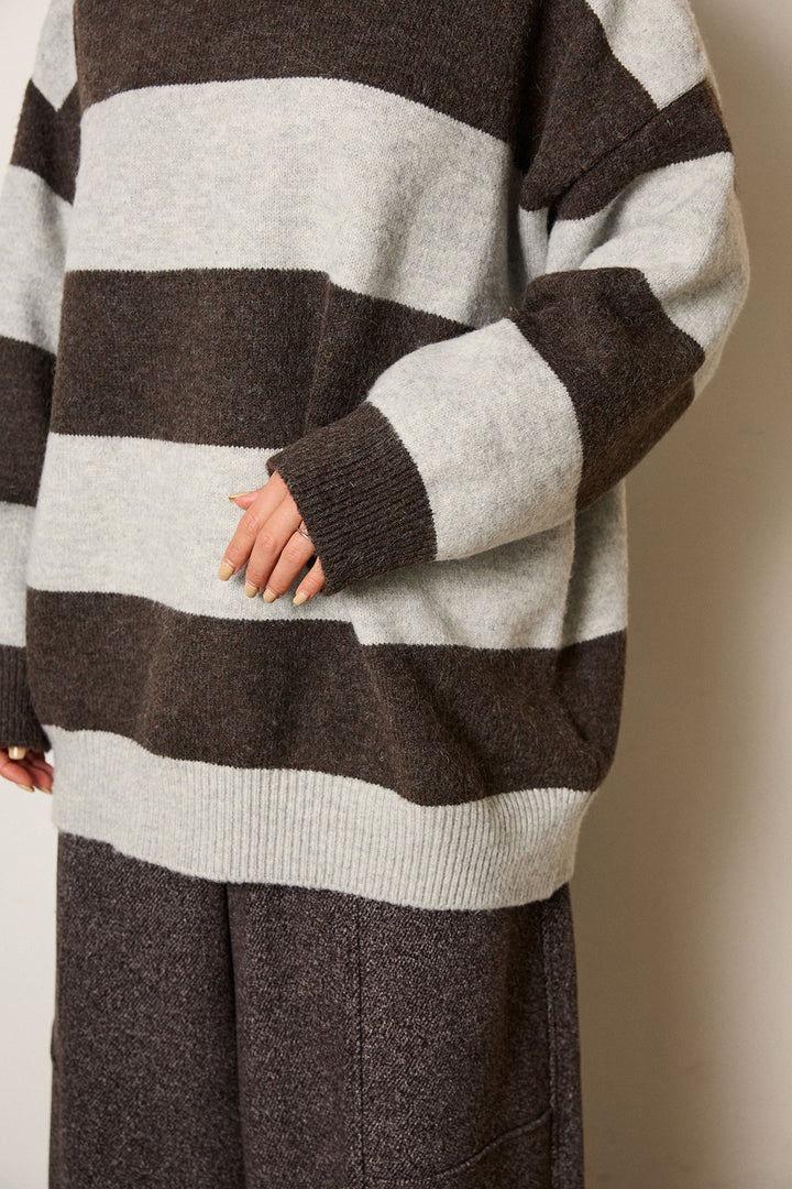 [SET]デニムカラーボーダールーズニット+太ベルト付きツイードワイドパンツ(2set)