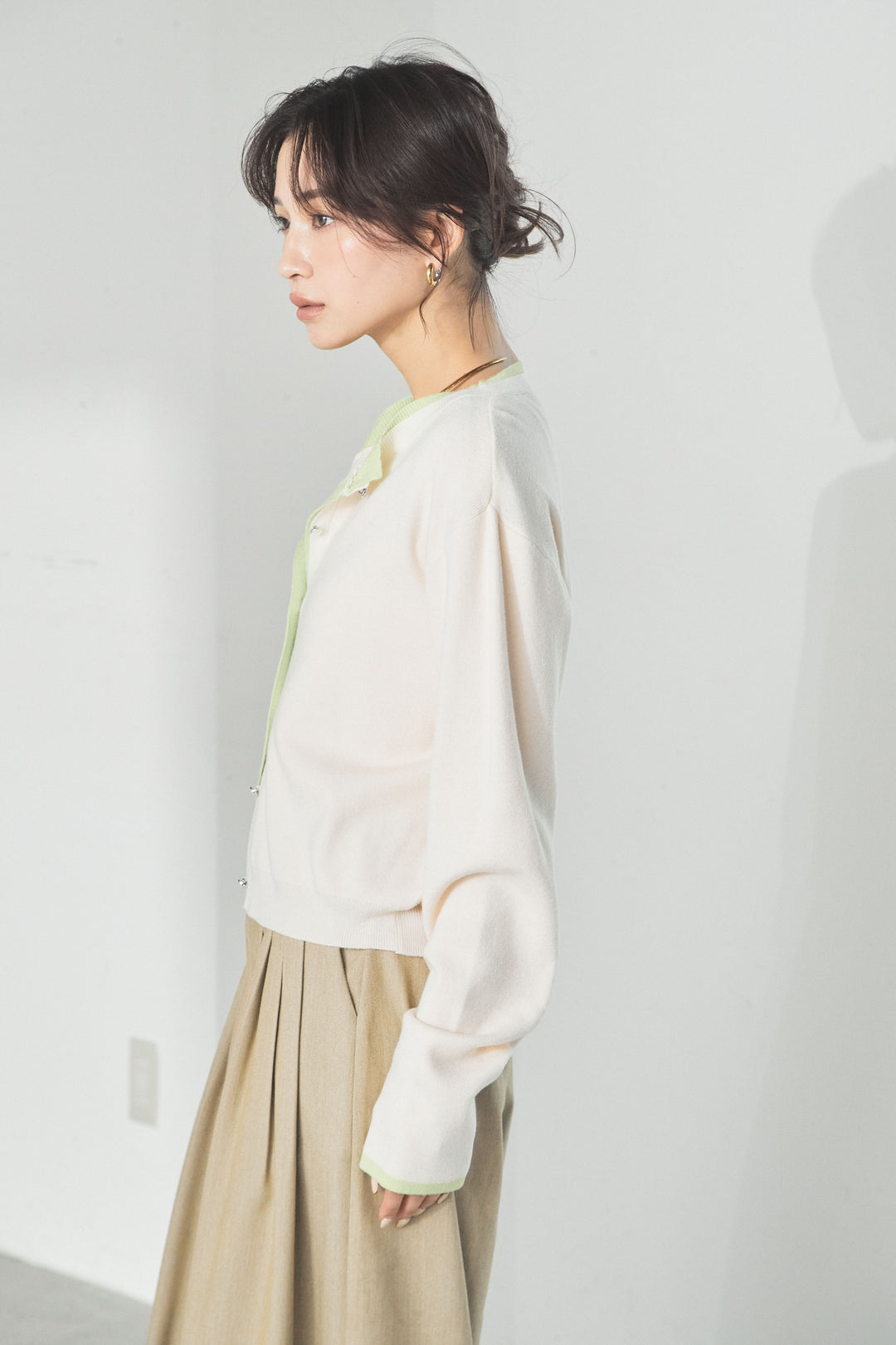 レイヤード風配色ニットカーディガン/グレー