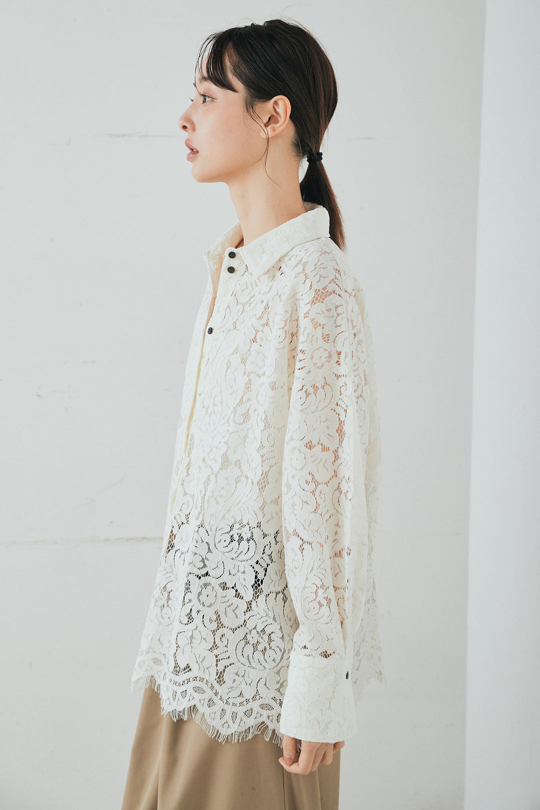 [SET]レース裾スカラップシャツ+ベルトループデザインハイウエストタックパンツ(2set)