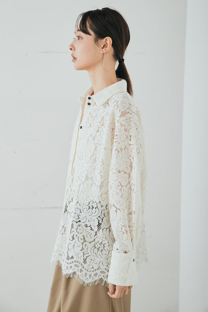 [SET]レース裾スカラップシャツ+ベルトループデザインハイウエストタックパンツ(2set)