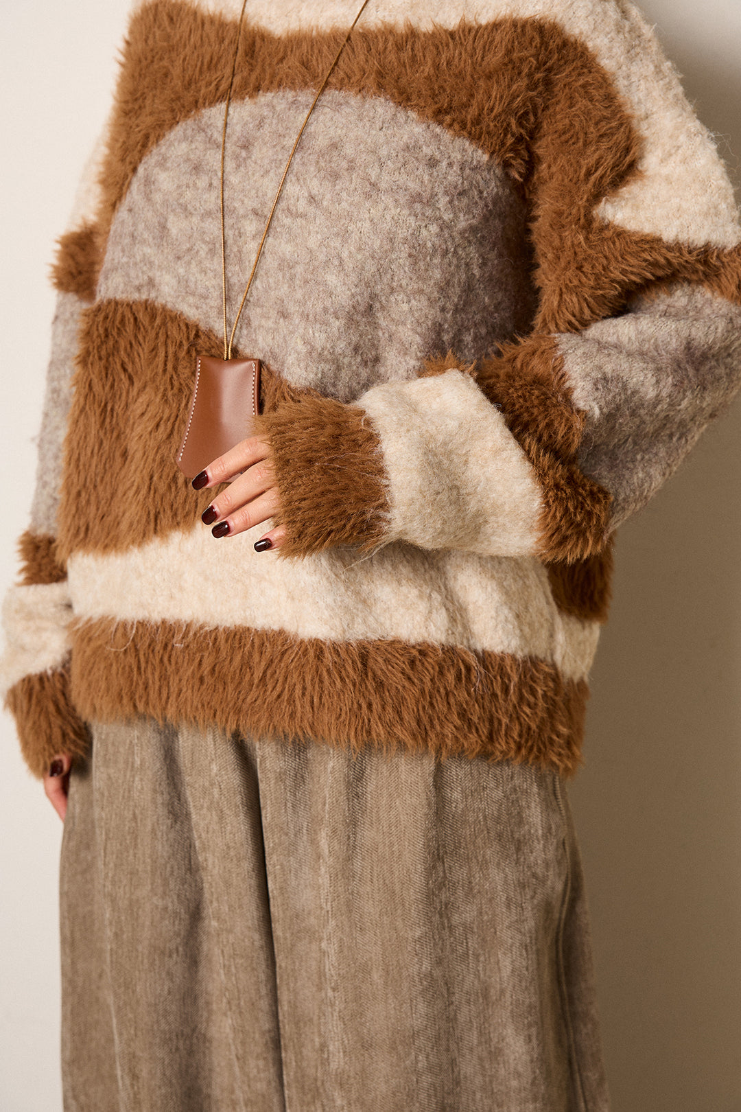 [SET]シャギーウェーブ柄クルーネックニットトップス+かすれデザインワイドパンツ(2set)