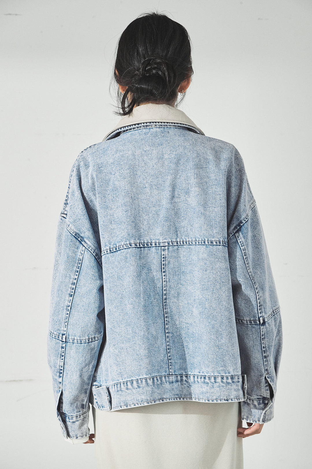 [SET]加工デニムレザー襟付きデニムブルゾン+カットリブレイヤードヘンリーネックワンピース(2set)