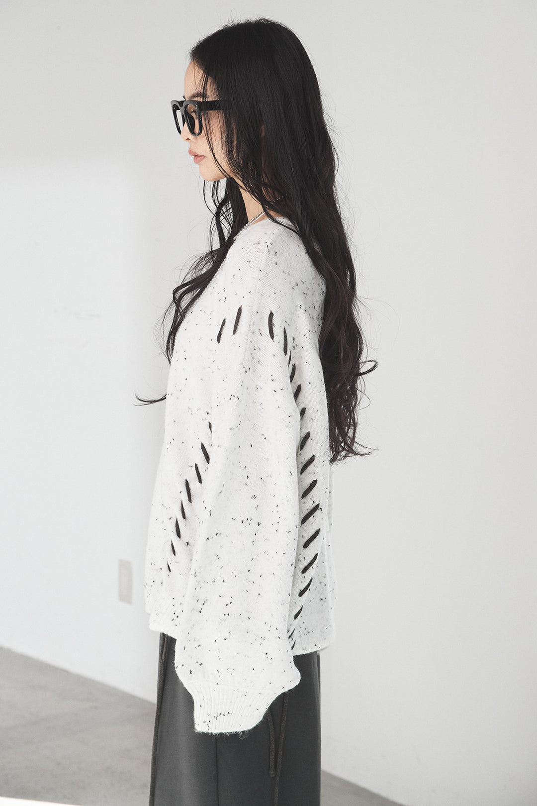 [SET]ネップ編み上げニットトップス+裏起毛スウェットワイドパンツ(2set)